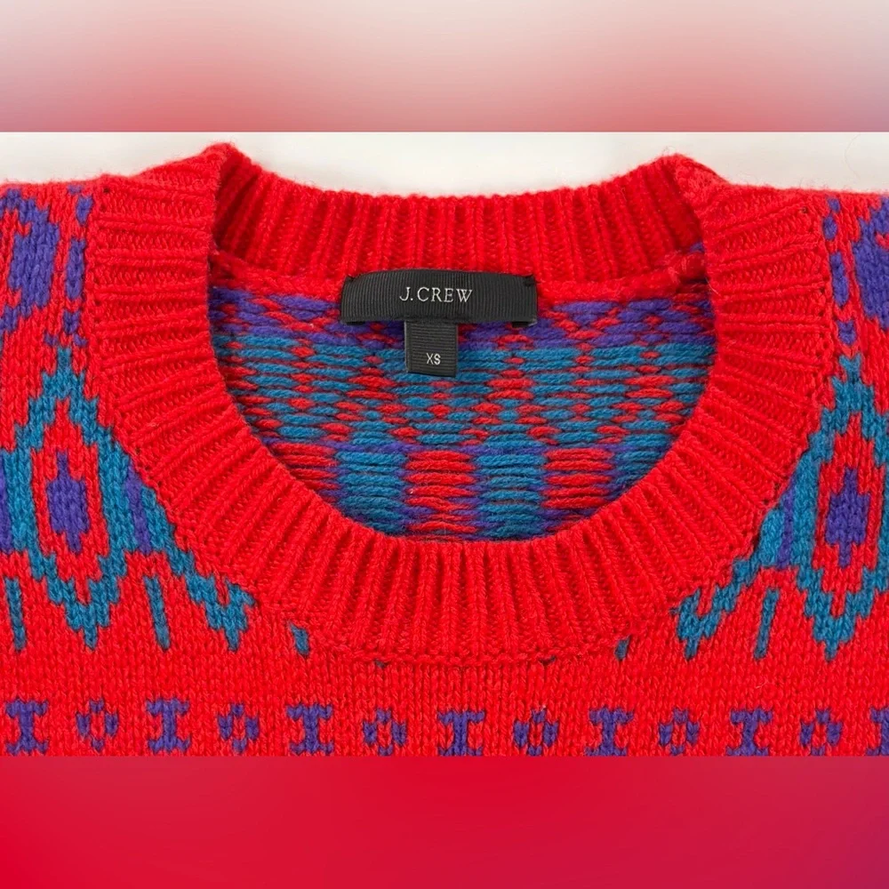 J. Crew Red Diamond Fair Isle Lambswool Chunky Knit Sweater Pullover Womens XS